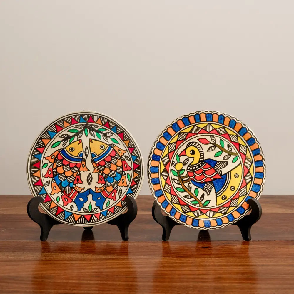 Madhubani Matsya & Mayur (Fish & Peacock) Set of 2 décor Plates