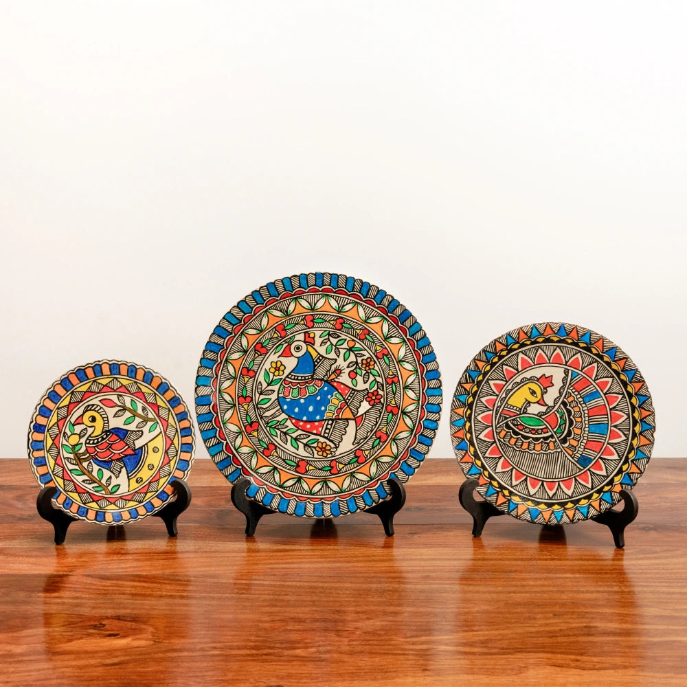 Madhubani Mayur (Peacock) Harmony Décor Plates (Set of 3)