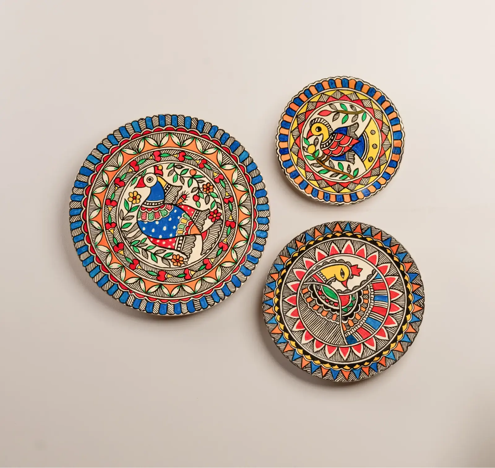 Madhubani Mayur (Peacock) Harmony Décor Plates (Set of 3)