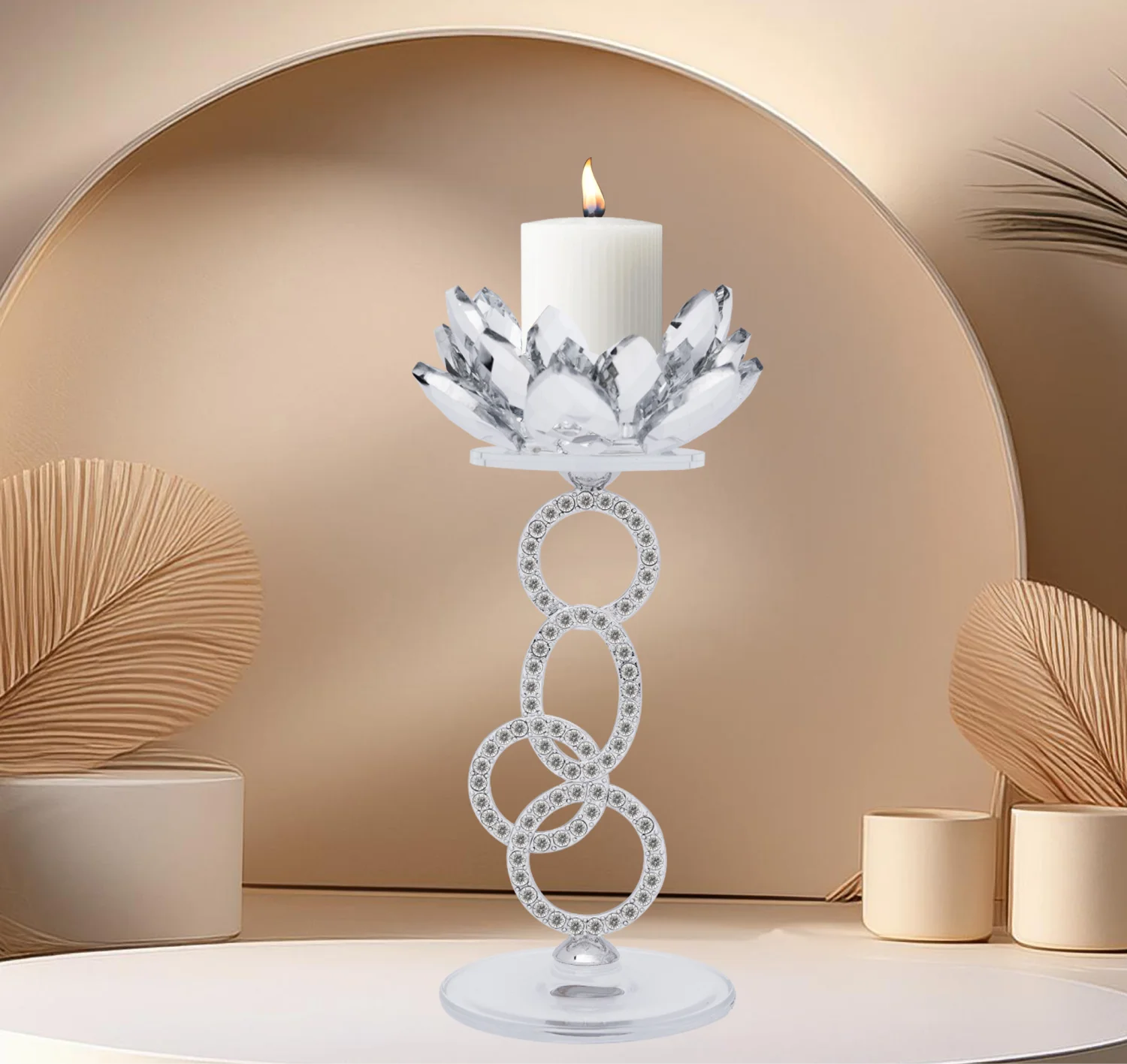 Lotus Crystal Taper Candle Holder Silver