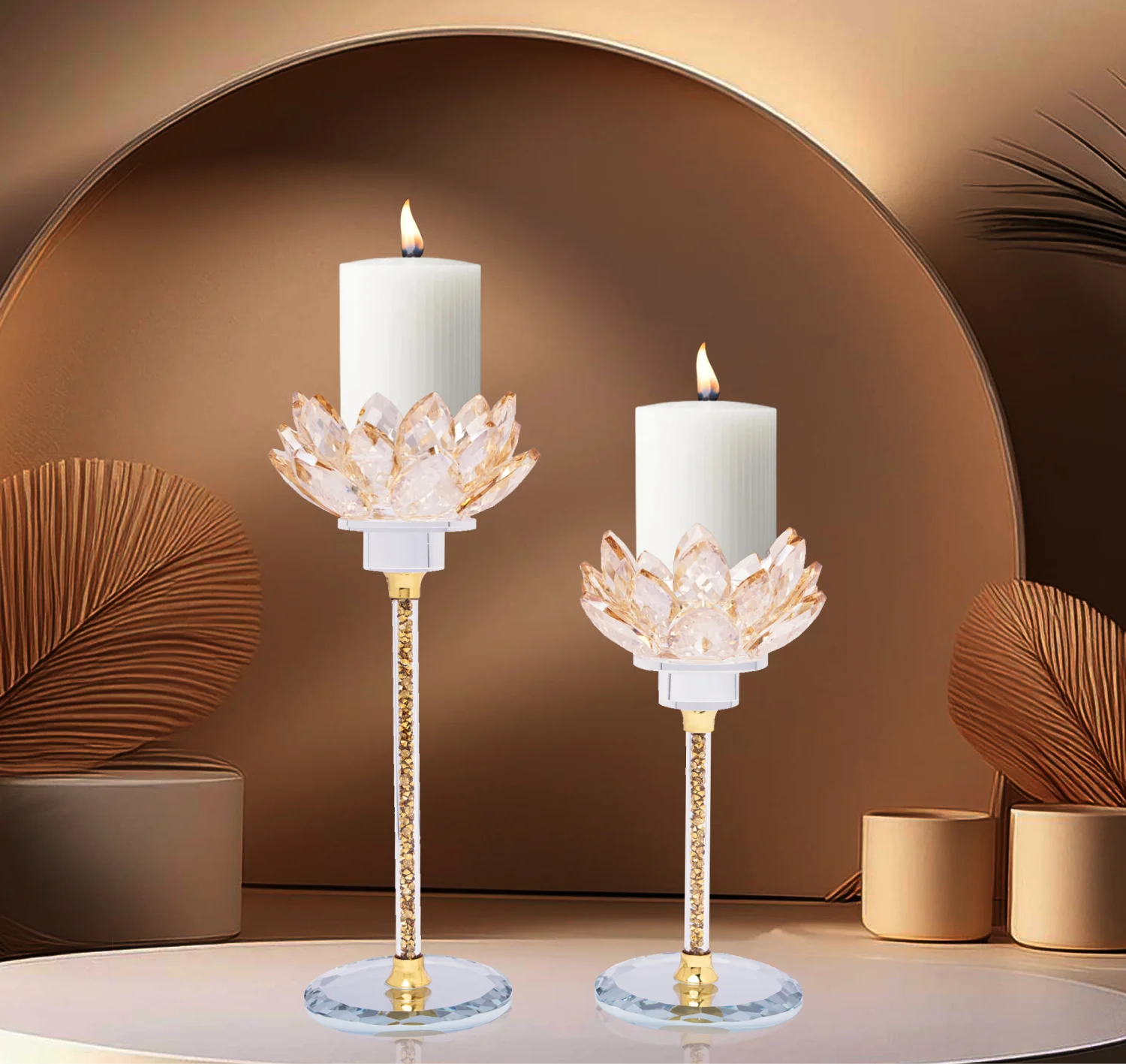 Twinning Lotus Long Stem Candle Holders in Crystal