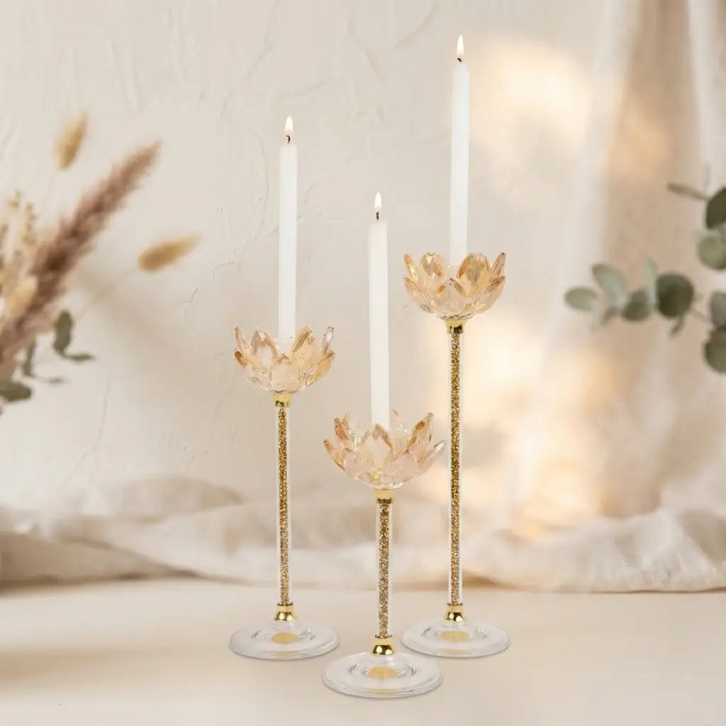 Stunning Lotus Long Stem Candle Holders In Crystal In Triplicate